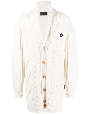 Philipp Plein Cable-Knit Distressed-Finish Cardigan - Bianco