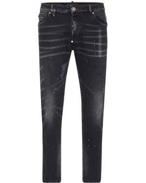 Philipp Plein Paint-Splatter Distressed Skinny Jeans - Blue