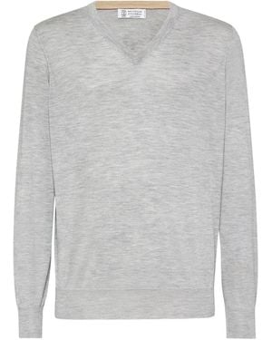 Brunello Cucinelli V-Neck Cashmere-Silk Jumper - Grey
