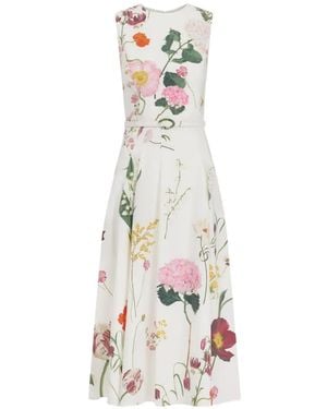 Oscar de la Renta Botanical-Print Sleeveless Midi Dress - White