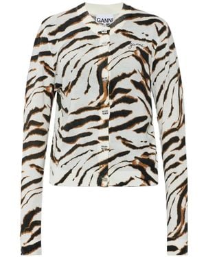 Ganni Cárdigan Con Tigre Estampado - Blanco