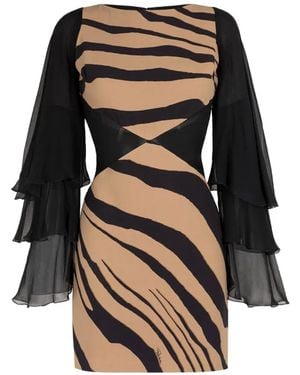 Roberto Cavalli Tiger-Print Tiered-Sleeve Dress - Black