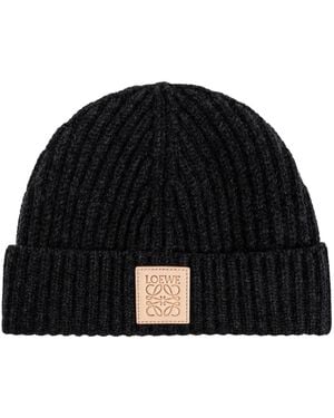Loewe Ribbed Logo-Patch Beanie Hat - Black