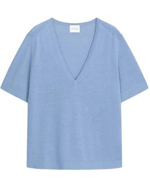 Closed V-Neck Short-Sleeve Knitwear - Blue