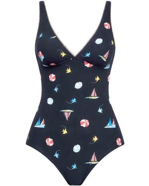 Seafolly Geometric-Print Scalloped Swimsuit - Blue
