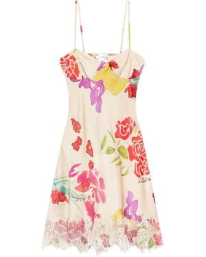 Donde Esteban Flores Satin Mini Dress - White