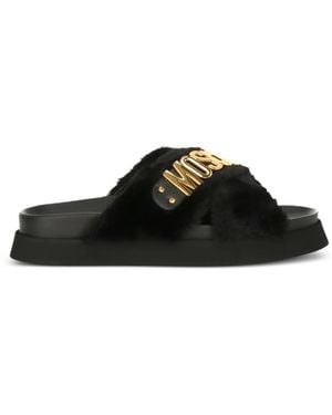 Moschino Logo Faux-Fur Sandals - Black