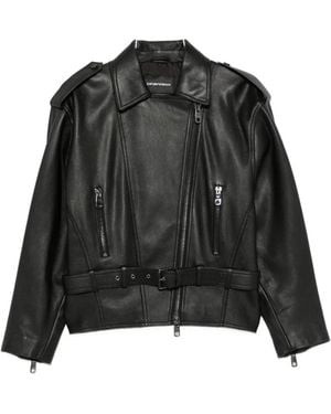 Emporio Armani Belted Leather Jacket - Black