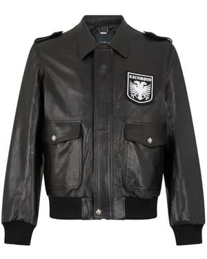 John Richmond Logo-Patch Leather Bomber Jacket - Black