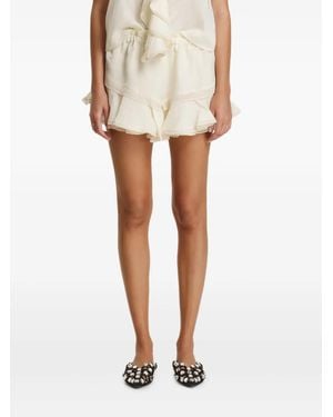 Pink Ruffled-Lace Linen Shorts - White