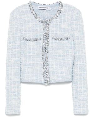Self-Portrait Textured Chequered Cardigan With Cropped Silhouette - Blue