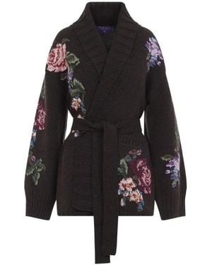 Ralph Lauren Floral-Intarsia Belted Cardigan - Black