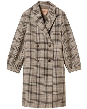Twinset Checkered Wool Cloth Coat With Sequins - Natural
