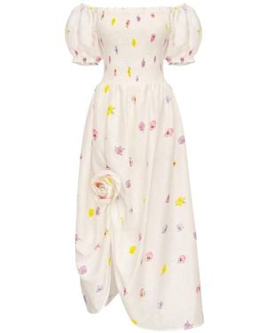 Sleeper Belle Floral-Print Smocked Linen Midi Dress - White