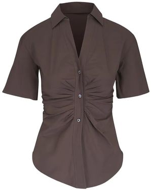 Veronica Beard Devra Ruched Short-Sleeve Blouse - Brown