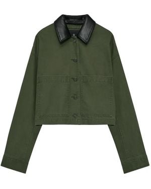 Anine Bing Yuma Contrast-Collar Cropped Jacket - Green
