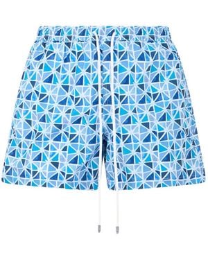 Fedeli Geometric-Print Drawstring Swim Shorts - Blue