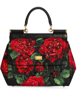 Dolce & Gabbana Bolso Shopper Sicily Mediano Con Cristales Y Estampado De Rosa - Rojo