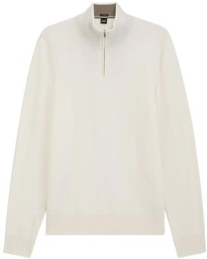 BOSS Quarter-Zip Ribbed-Trim Jumper - White