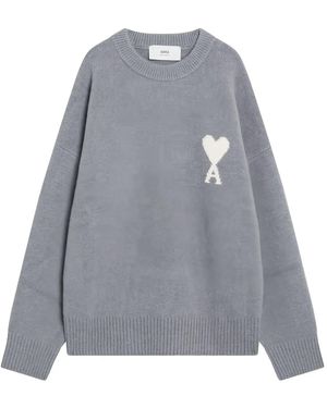 Ami Paris Heart-Logo Crew-Neck Jumper - Grey