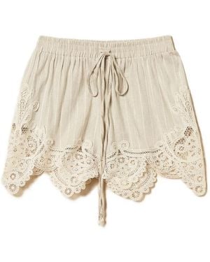 Twinset Linen Blend Jacquard Shorts With Lace - Natural