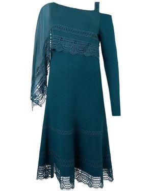 Alberta Ferretti Asymmetrical Lace-Trim A-Line Mid-Length Dress - Blue