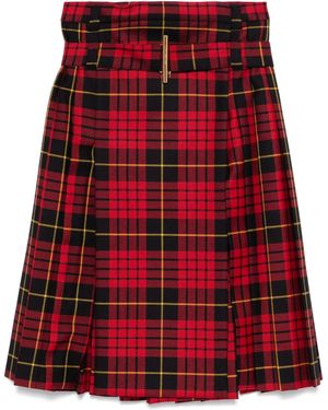 McQueen Tartan-Check Pleated Belted Midi Skirt - Red