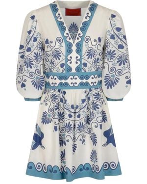 La DoubleJ Floral-Print Puff-Sleeve Mini Dress - Blue