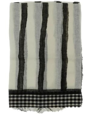 Exquisite J Stripe-Print Gingham-Trim Scarf - Grey