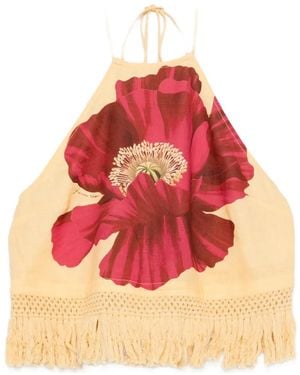 FARM Rio Poppy-Print Fringe-Trim Top - Red
