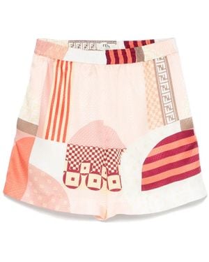 Fendi Patchwork-print silk shorts - Pink