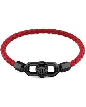 Philipp Plein Braided Leather Clasp Bracelet - レッド