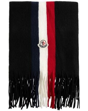 Moncler Fringed Wool Logo-Patch Scarf - Black