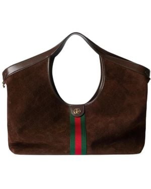Gucci Large Web-Stripe Double G Calf Suede Tote Bag - Brown