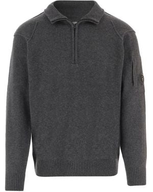 C.P. Company Lens-Detail Quarter-Zip Sweater - Gray