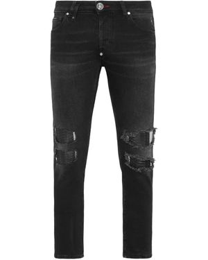 Philipp Plein Vaqueros Con Parche De Piel De Pitón - Negro