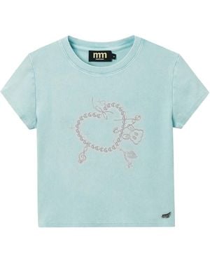 Mini Cream Graphic-Print Ribbed T-Shirt - Blue