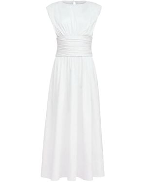 Toccin Evangeline Strong-Shoulder Ruched Midi Cotton Dress - White