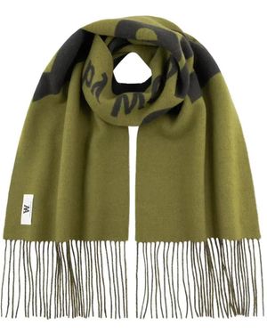 WOOD WOOD Wwleon Logo-Print Fringed Scarf - Green