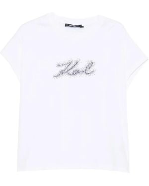 KARL LAGERFELD Camiseta Con Logo Estampado Y Detalles De Strass Y Cristales - Blanco