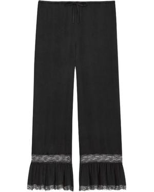 Saint Laurent Lace-Trim Silk Straight-Leg Trousers - Black