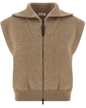 Brunello Cucinelli Cardigan Zippé À Design Sans Manches - Marron