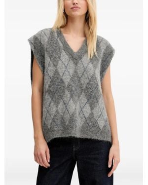 Gestuz Argyle-Knit V-Neck Vest - Gray