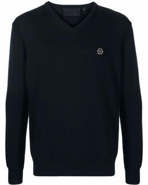 Philipp Plein Logo-Patch V-Neck Jumper - Blue