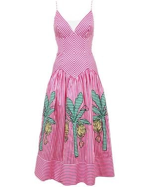 FARM Rio Palm Tree-Embroidered Striped Midi Dress - Pink
