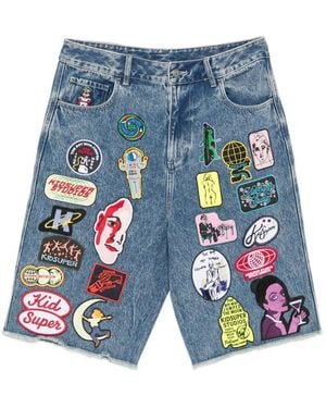 Kidsuper Patch-Embellished Frayed-Edge Shorts - Blue