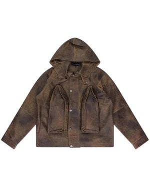 Who Decides War Hooded Pocket Leather Jacket - Brown