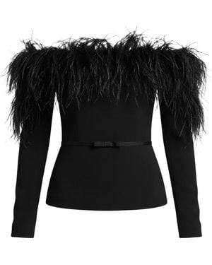 Gemy Maalouf Feather-Trim Off-Shoulder Top - Black