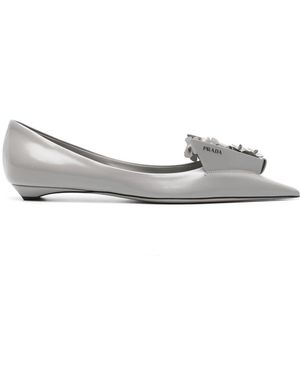 Prada Floral-Appliqué Leather Ballerina Shoes - Grey