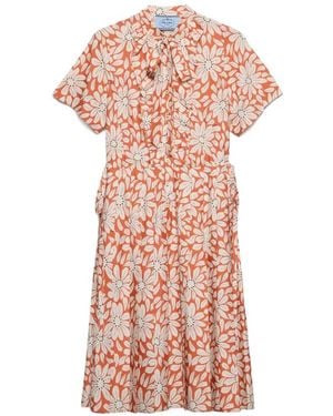 Prada Printed Pleated Pongé Dress - Pink